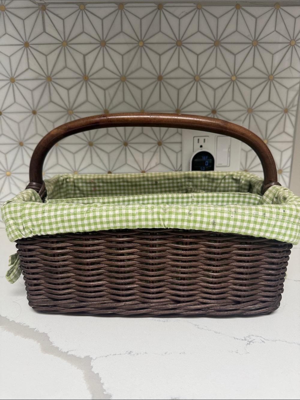 Dark Brown Wicker Basket with Green Gingham Liner